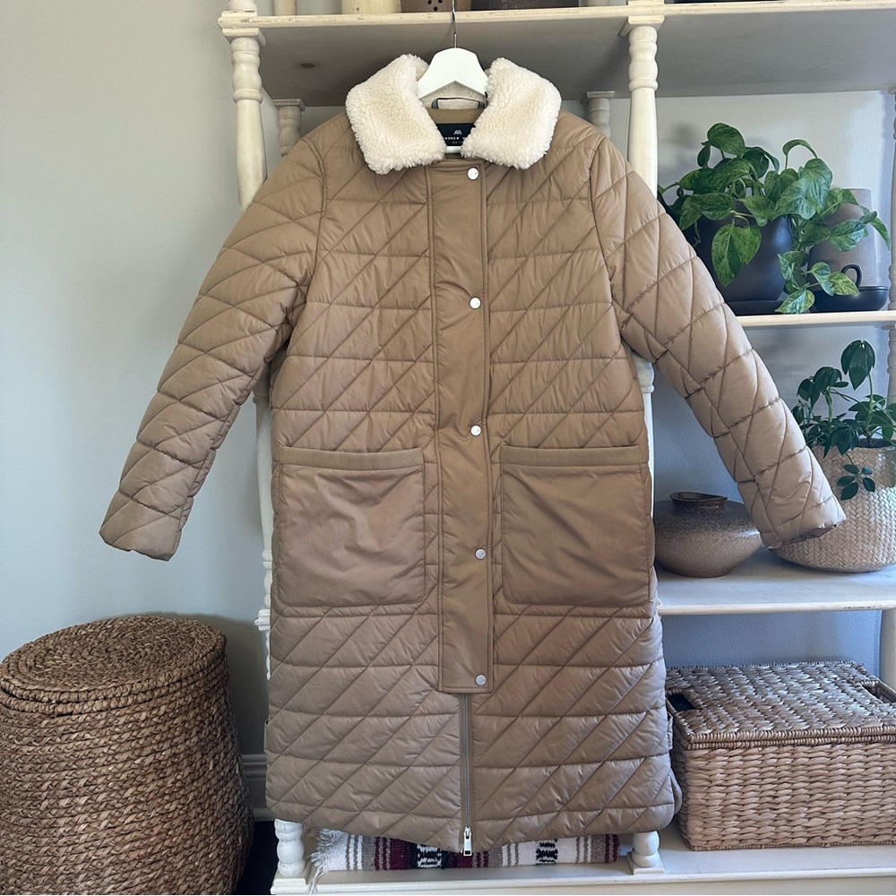 Andrew Marc Maxine Long Quilted Puffer Coat in Khaki (L)